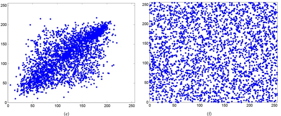 Figure 10. Comparison of the correlation between original baboon image and encrypted baboon image in horizontal, vertical and diagonal directions; (a) Baboon original image horizontal correlation; (b) Horizontal correlation of baboon after encryption; (c) 