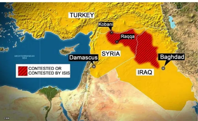Figure 1. Map highlighting the countries of Iraq, Syria and Turkey called out are the ci-ties of Mosul and Kobani