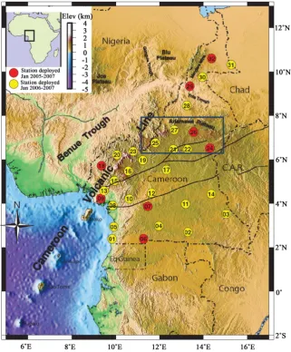 Figure 2. Colour elevation map showing seismic station locations and shear zones. The circled numbers refer to station codes, for example, 22 refers to station CM22 and the rectangle represents the study area
