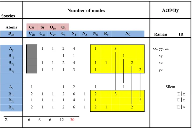 Figure 4. Factor group analysis for orthorhombic CuSiObrations, N51). Mode numbers: N3 (space group D2h−Pmma, No
