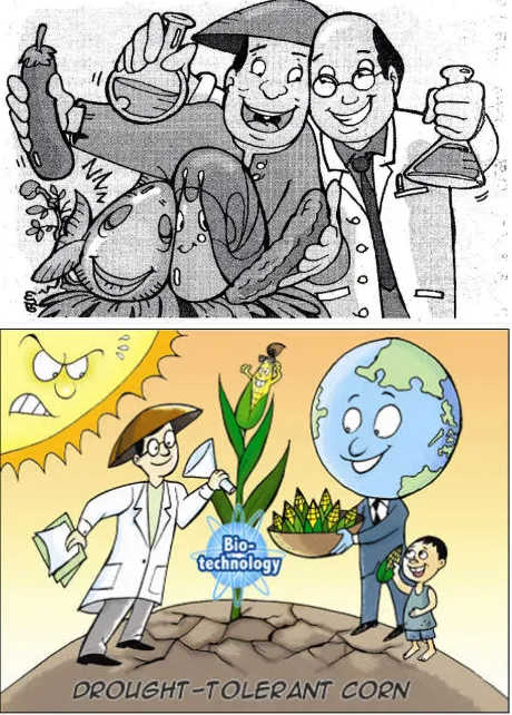 Fig. 5. Representation of a scientist by newspaper cartoonists (left) and BiotechToons artists (right)