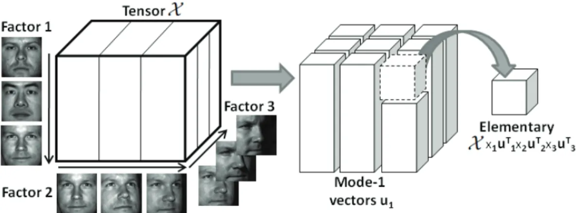 Figure 1.4: Multifactor data presented in Tensor form (left) and the corresponding elemen- elemen-tary Tensor projection (right).