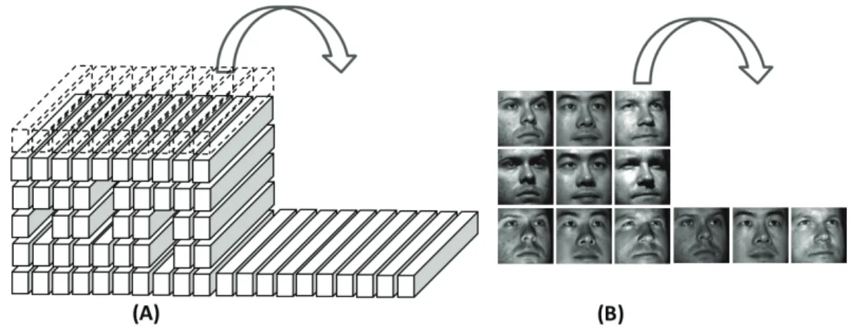 Figure 1.5: (A) Tensor with missing values and (B) the tensor and multifactor ﬂattening process