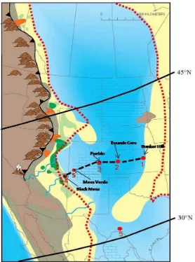 Figure 3. Paleogeographic map of the Western Interior Basin. The dashed red-lines represent inferred coastlines proposed by Sageman et al