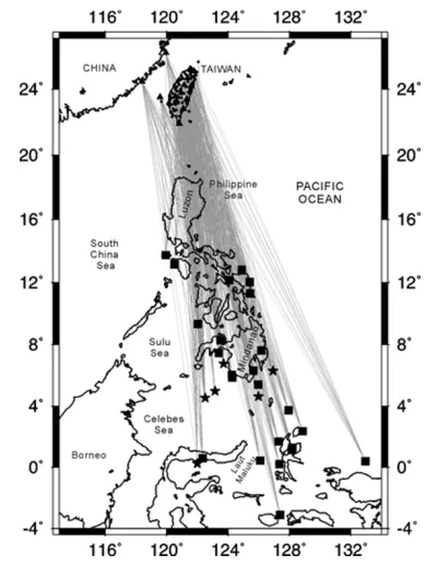 Fig. 1.Map showing stations used in the present study. Diamonds sig-nify broad-band stations of the BATS array, and triangles short-periodstations of the CWB network.