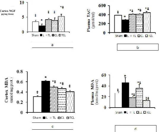 Fig 1. Concentration of  a) c)Malondialdehyde (MDA)  in cerebral cortex  and  d)    in plasma in experimental animals