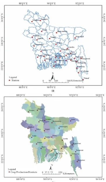 Figure 1. Bangladesh with the location of (a) 31 meteorological stations for which precipitation data is available for 2006 and 2007; and (b) 23 crop districts