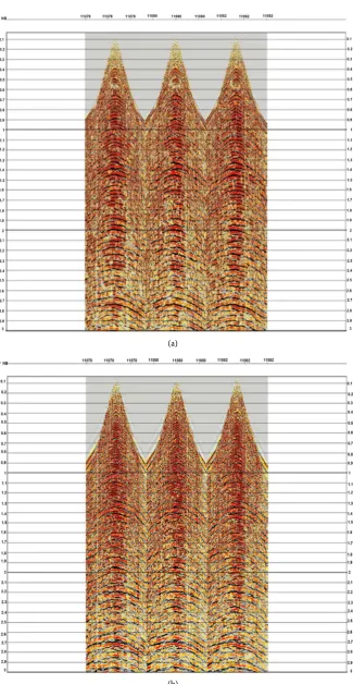 Figure 3. (a) Shot data free from noise before spike deconvolution; (b) Spike deconvolu-tion with operator length 200 ms