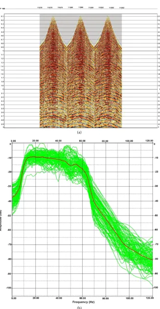 Figure 6. (a) Shows the shot data with gap deconvolution and gap = 16 ms; (b) Spectrum of band width frequencies with gap deconvolution