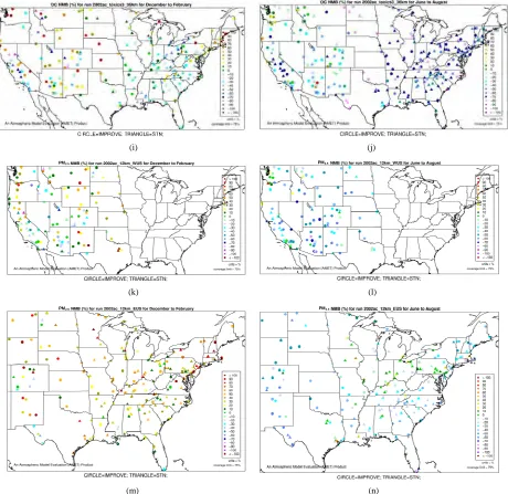 Figure 3. Spatial plots of NMBs for SO2 ((a) and (b)), 4NO3  ((c) and (d)), NH4  ((e) and (f)), EC ((g) and (h)), and OC ((i) and (j)) from the 36-km simulation over CONUS, and PM2.5 ((k)-(n)) from the 12-km simulation over WUS and EUS for win-ter (left