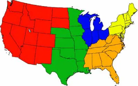Figure 1. The CMAQ modeling domain. The black, red, and blue boxes denote domains over the 36-km continental US, the 12-km western US, and the 12-km eastern US, respectively (filled yellow, orange, blue, green, and red colors denote  sub-regions northeast,
