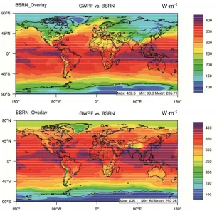 Figure 1. 2001 winter (top) and summer (bottom) downward shortwave fluxes at the surface simulated at the horizontal grid resolution of 1˚ × 1˚ overlaid with observations from BSRN (denoted by circles)