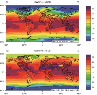 Figure 4. 2001 winter (top) and summer (bottom) temperatures at 2-meter (T2) simulated at the horizontal grid resolution of 1˚ × 1˚ overlaid with observations from NCDC (denoted by circles)