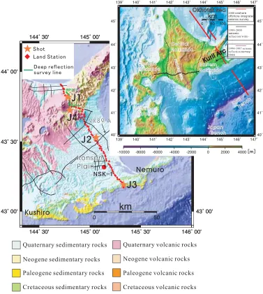 Fig. 1.Location map of the 2000 onshore–offshore integrated seismic experiment across eastern Hokkaido, Japan
