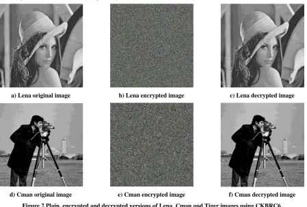 Figure 2 Plain, encrypted and decrypted versions of Lena, Cman and Tiger images using CKBRC6