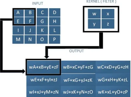 Fig. 1 A 2D convolution without kernel flipping – the sliding kernel always lies entirely within the image, making the convolution a valid one 