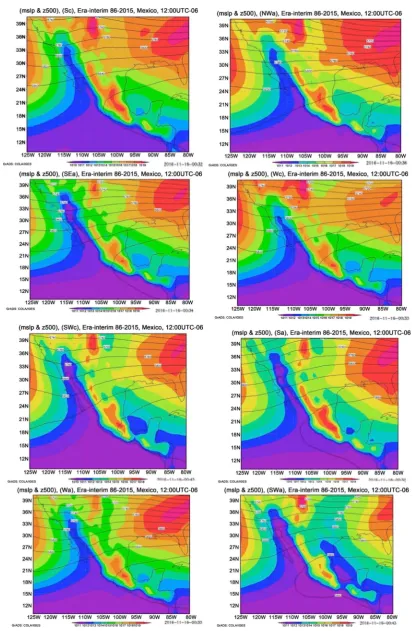 Figure 5. GWT-16 classifications maps, variables mslp (hPa) and geopotential height z500 (masl), Era interim 1986 - 2015, Mex-ico domain, 12:00 UTC-06