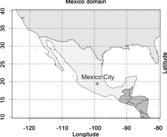 Figure 1. Mexico domain, Latitude 40˚N to 10˚N, Longitude −120˚W to −80˚W, source R maps package