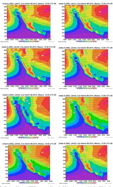 Figure 3. Classifications C-k mean (CKM) maps, variables mslp (hPa) and geopotential height z500 (masl), Era interim 1986-2015, Mexico domain, 12:00 UTC-06