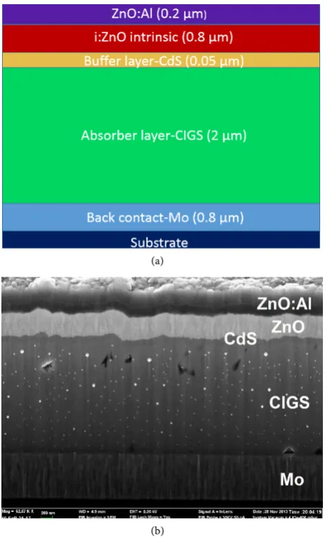 Figure 1. (a) Device architecture of the simulated CIGS solar cell; (b) Cross-section of the CIGS solar cell, obtained by SEM