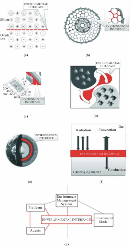 Figure 1. Examples of environmental interfaces: (a) Ions ex- tions [11]; (d) Migration of insects [12]; (e) Heat exchange in Earth’s interior consisting of central core, a mantle surround- ing the core and lithosphere; (f) Energy exchange between solid matter and gas in natural conditions [13] and (g) Information exchange in a specific environment model combined with the environment interface describing their interactions [14].change in metals [9]; (b) Intercellular exchange of biochemical substances [10]; (c) Exchange of air volumes in urban condi-   