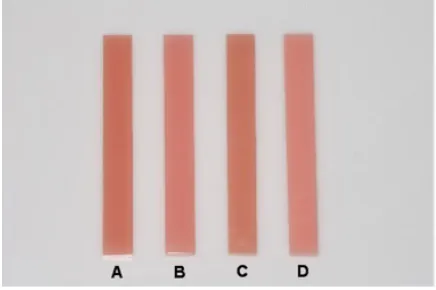 Figure 1. PMMA-based resins after polymerization: (A) PalaXpress; (B) Paladon 65; (C) Futura Gen; (D) FuturA-cryl 2000