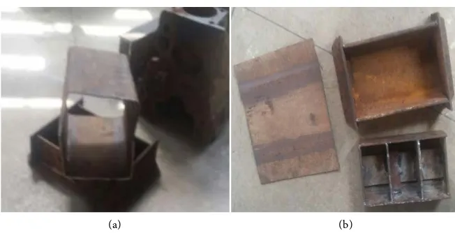 Figure 6. (a) Steel plate before bending, punch and die; (b) The folded plate.