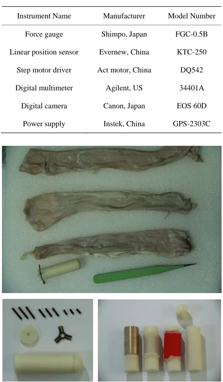 Figure 4. Pig small intestine sample used in test (top). Micro robot model with adjustable legs (bottom left)