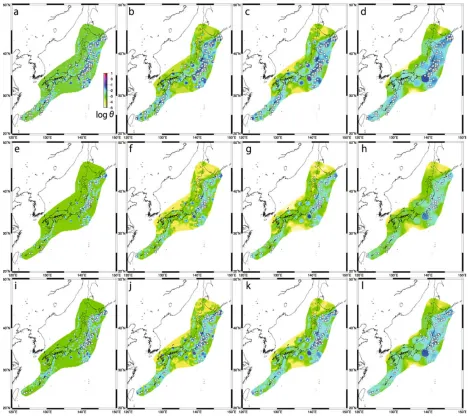 Fig. 6. Retrospective forecasts for the testing region “All Japan.” The top, middle, and bottom rows correspond to the 3-year (a, b, c, d), 1-year (e, f, g,h), and 3-month (i, j, k, l) classes