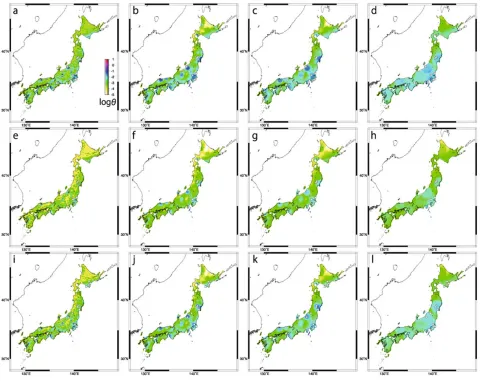 Fig. 7. Same as in Fig. 6 for the “Mainland” testing region. The number of earthquakes (squares) that actually happened during the forecast periods is21, 8, and 12 for the 3-month, 1-year, and 3-year classes, respectively.