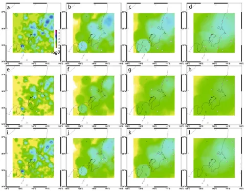 Fig. 8. Same as in Fig. 6 for the “Kanto” testing region. The number of earthquakes (squares) that actually happened in the forecast periods is 9, 5, and14 for the 3-month, 1-year, and 3-year classes, respectively.