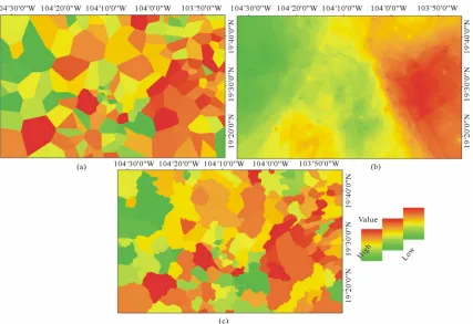Figure 4. Interpolation of % of occupants in houses with earthen floor (EF) with, Thiessen polygons (a), IDW (b) and areas of i  nfluence (c) for SMBR