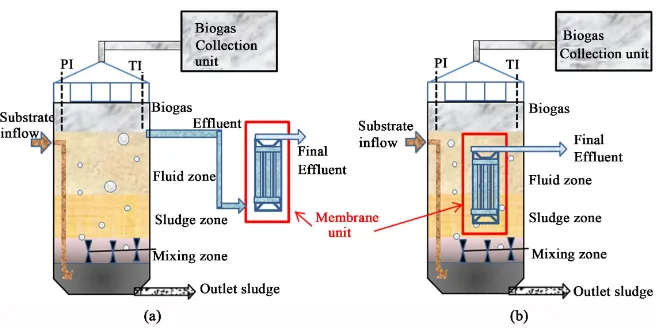 Figure 3. (a) Side-stream configuration; (b) Submerged or immersed membrane confi-guration