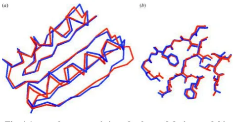 Fig. 1.1 crystal structure is in red color and design model is in blue color. (1) Calpha overlay; (2), detail of sidechain packing in the core.[10] 