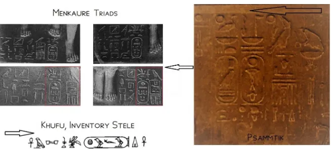 Figure 5. On the left are four different Old Kingdom pedestal inscriptions of Menkaure triad statues from his Valley Temple and on the right is an inscription of Late Period pharaoh Psammtik I