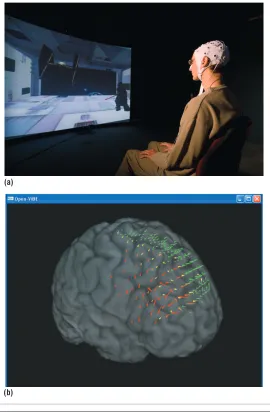 Figure 4. Controlling a virtual spaceship. (a) “Use the force” application: The user must lift a virtual spaceship by imagining foot movements; (b) Neurofeedback and 3D visualization of brain activity: Each 3D object represents the activity of a given brain region, reconstructed using an inverse solution.