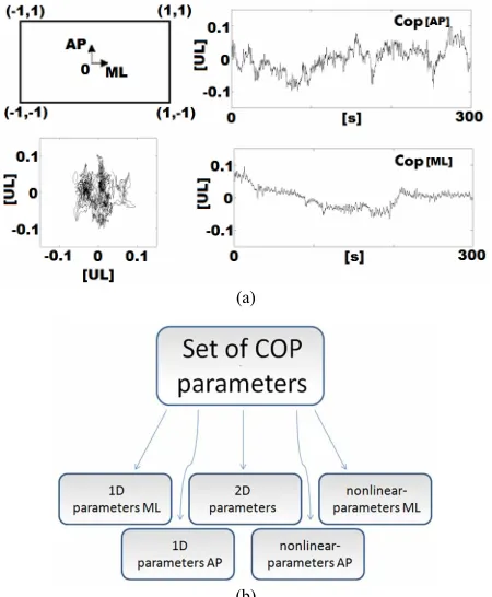 Figure 1. (a) Force plate and measurement directions. The COP emplary COP recording and resultant AP and ML time series; (b) Classification of COP parameters into five groups.position is expressed as a fraction of deviation from the mid- point of the force