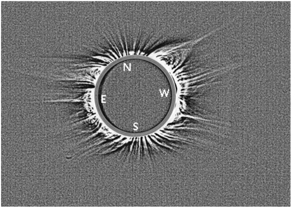 Figure 4. Same prominences activity in both white light (left) and H-Alpha (right) images during total and partial phases of solar eclipse 2006 respectively