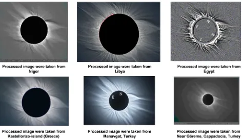 Figure 6. The processed images of the white light corona taken from six locations along the track of total solar eclipse 2006