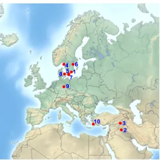 Figure 1. Location of sites discussed. 1: Mjövik with the discovery of the golden Sky and Babylonians spread rapidly over the Middle East and Europe in the Early Bronze Age