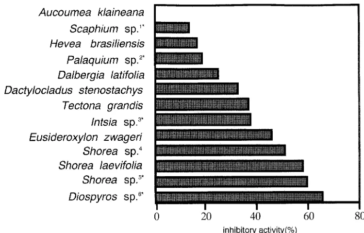 Fig. 1. Inhibitory activity of 13 tropical woods: methanol extracts follows: ~*Kembang sumankok