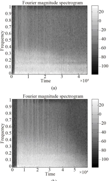 Figure 1. (a) Fourier Magnitude spectrogram of a 30 - 30 rifle shot recording; (b) Fourier Magnitude spectrogram of a pistol shot recording