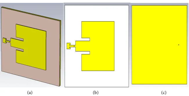 Figure 2. Simulated view of the antenna from CST (a) full view 3D; (b) top view; (c) back view