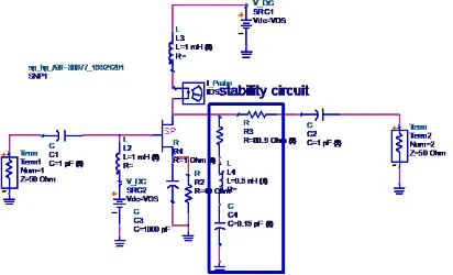 Figure (6). Clearly the stability factor K is greater than unity and the circuit will be unconditionally stable for any combination of source and load impedance