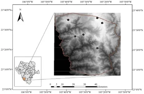 Figure 1. Ejido Pueblo Nuevo with location of proposed points for the detection of forest fires