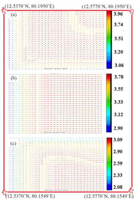 Figure 3. Wind vectors (a) 0100 hours (b) 0300 hours and (c) 0500 hours at 2 m height on 15 September 2010