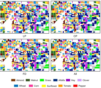 Fig. 4. Crop classification maps in 2011 produced with the Random Forest algorithm using the linear 