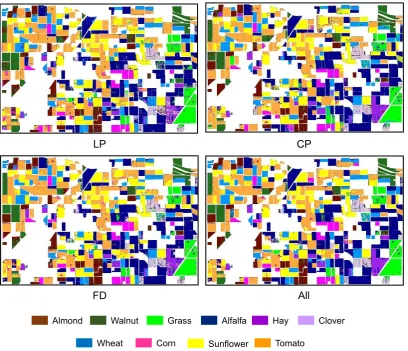Fig. 5. Crop classification maps in 2014 produced with the Random Forest algorithm using the 