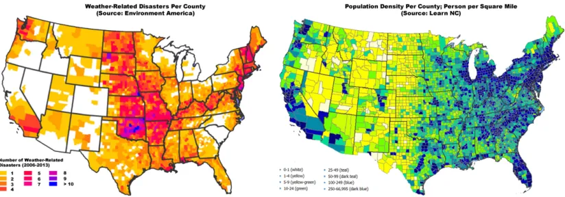 Figure 1. Weather Related Disasters and Population Density, By County The ﬁgure shows theweather related disasters cover the 2006-2013 period and are retrieved from Environment America