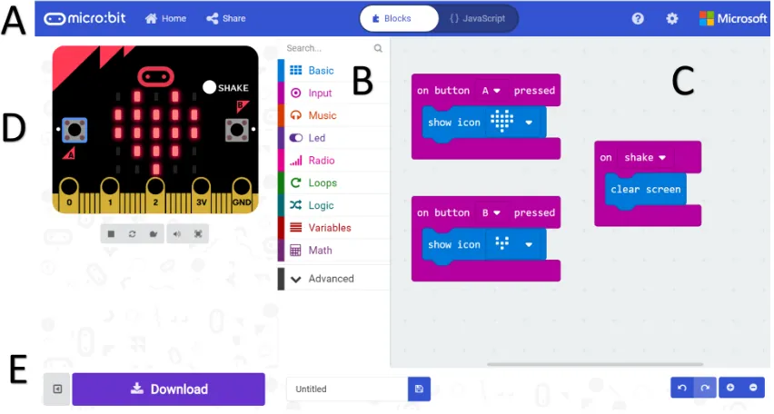 Figure 2: The MakeCode web app for the micro:bit (https://makecode.microbit.org).